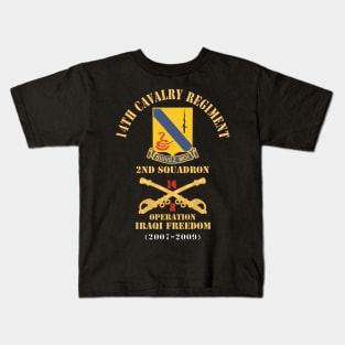 Army - 14th Cavalry Regiment w Cav Br - 2nd Squadron - Operation Iraqi Freedom - 2007–2009 - Red Txt X 300 Kids T-Shirt